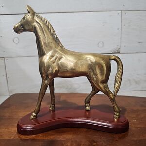 Large Vintage Brass Prancing Stallion Figurine Sculptural Decor Wood Plinth 10"